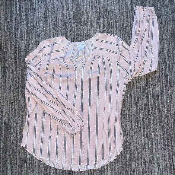 Liz Claiborne Women’s Size Large Striped 1/4 Button V Neck Blouse Pink Silver - Picture 1 of 6
